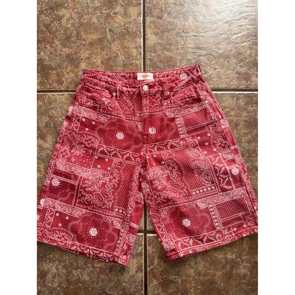 Cali 1850 Red Bandana Print Denim Shorts Paisley High Waisted Size 3/26